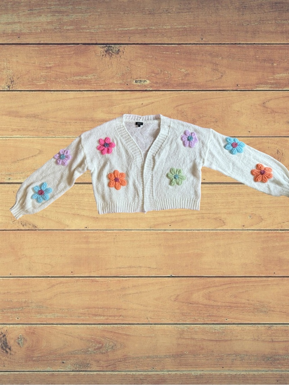 Dreamers by Debut Cropped Flower Power 3D Knit Ivory Cardigan NWOT - Picture 4 of 13